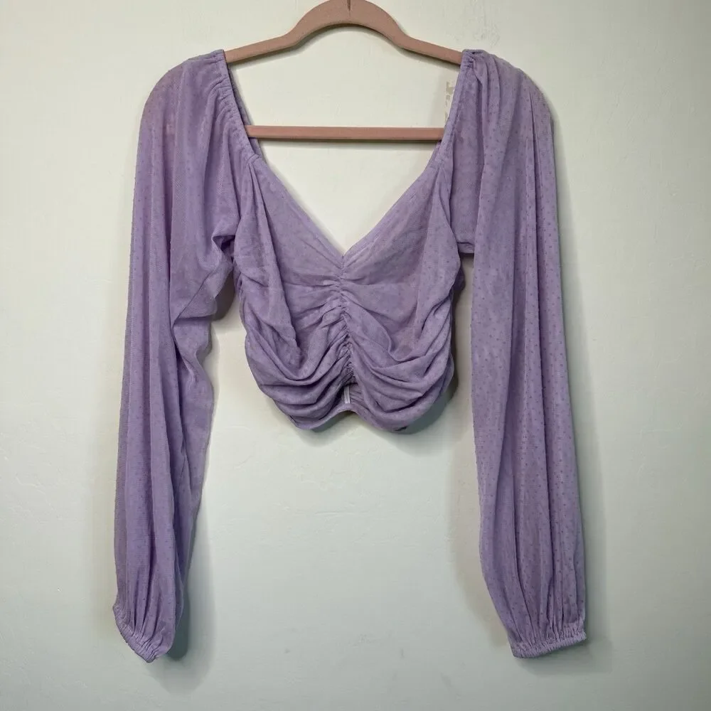 ASOS Size 4 Purple Ruched Sheer Swiss Dot Long Sleeve Crop Top